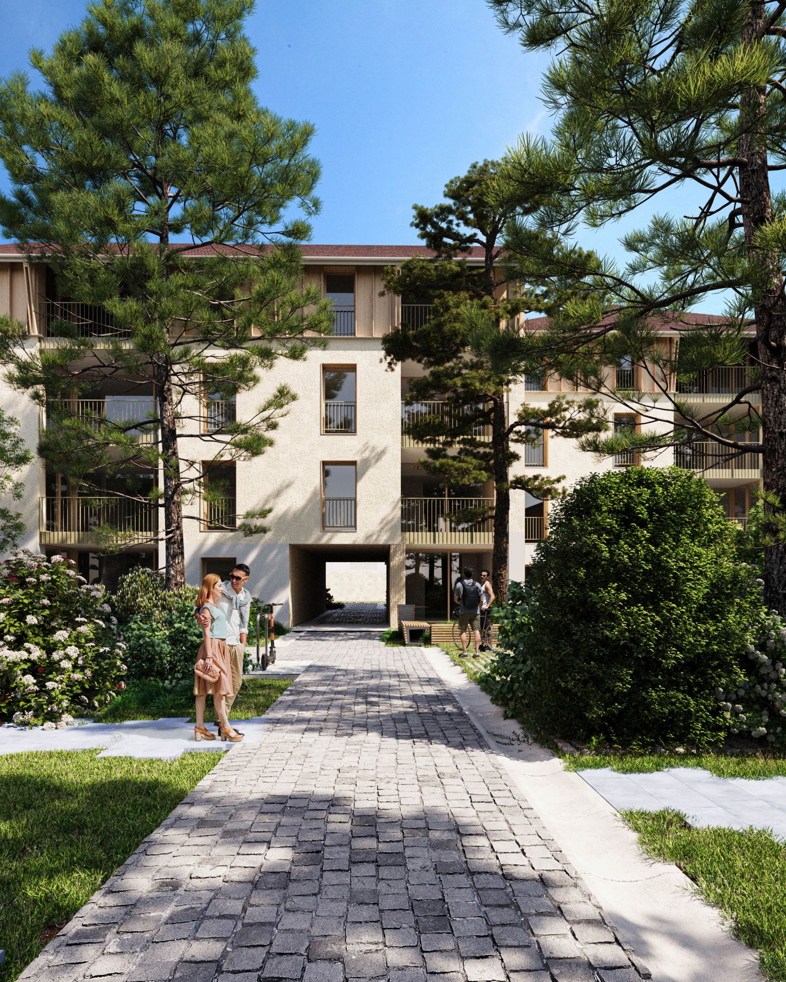 Real estate 3d rendering of the Peney classic white exterior, lots of windows and connections between buildings