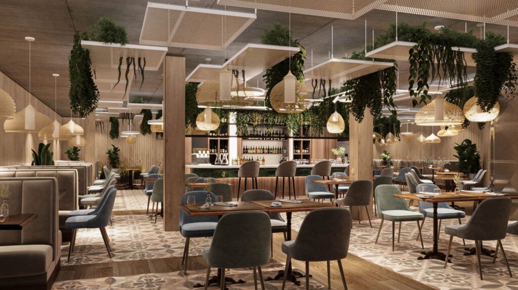 Real estate 3D rendering of the Arcades modern restaurant, with decorative plants hanging from the ceiling, neutral-colored furniture, and warm lighting