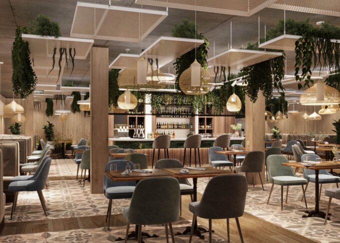 Real estate 3D rendering of the Arcades modern restaurant, with decorative plants hanging from the ceiling, neutral-colored furniture, and warm lighting