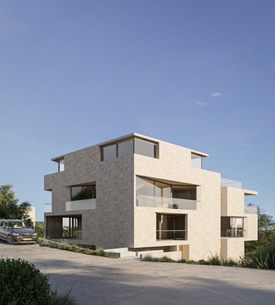 Residential 3D rendering of the Multifamily house natural stone facade, to blend into the environment