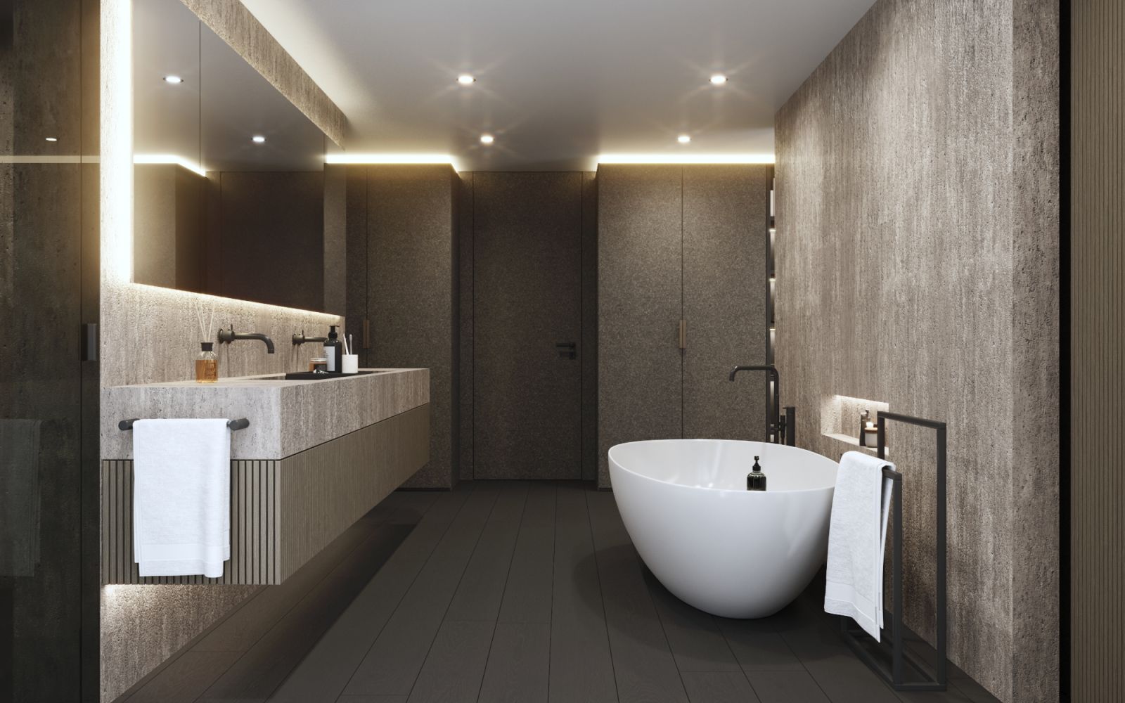 Residential 3D rendering of the Portmann modern bathroom with exposed concrete, classic furniture, and very good lighting