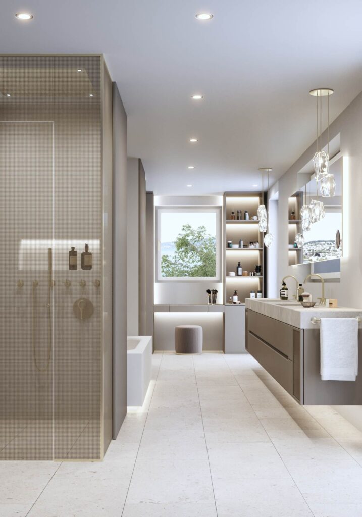Residential 3D rendering of the Deck large and modern bathroom, with very good lighting and glass screens