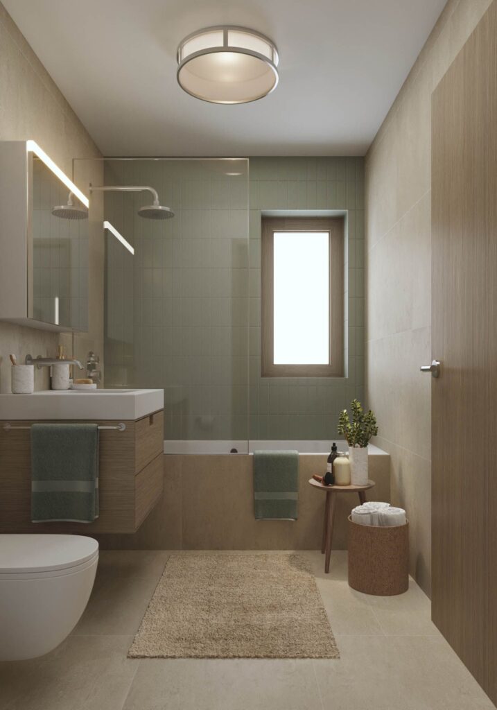 Residential 3d rendering of the Peney minimalist bathroom with light wood tones on the walls and natural light