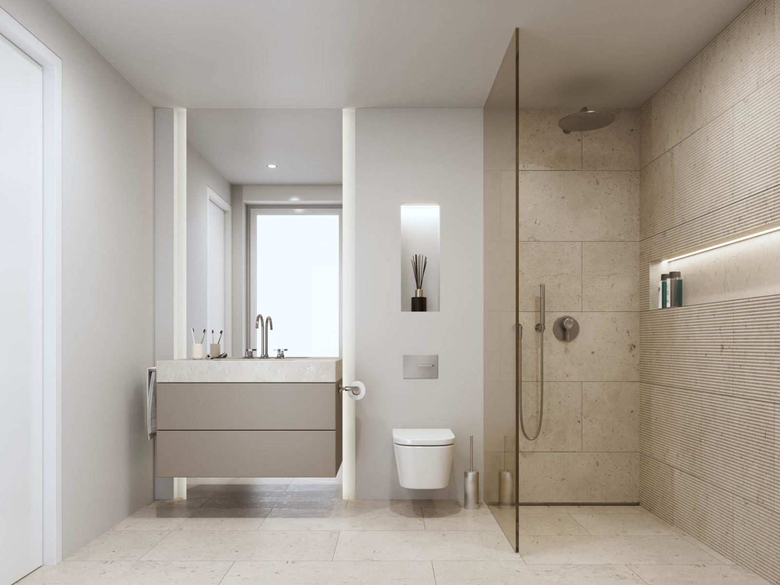 Residential 3D rendering of the Deck bathroom, designed with neutral colors, good lighting and natural materials