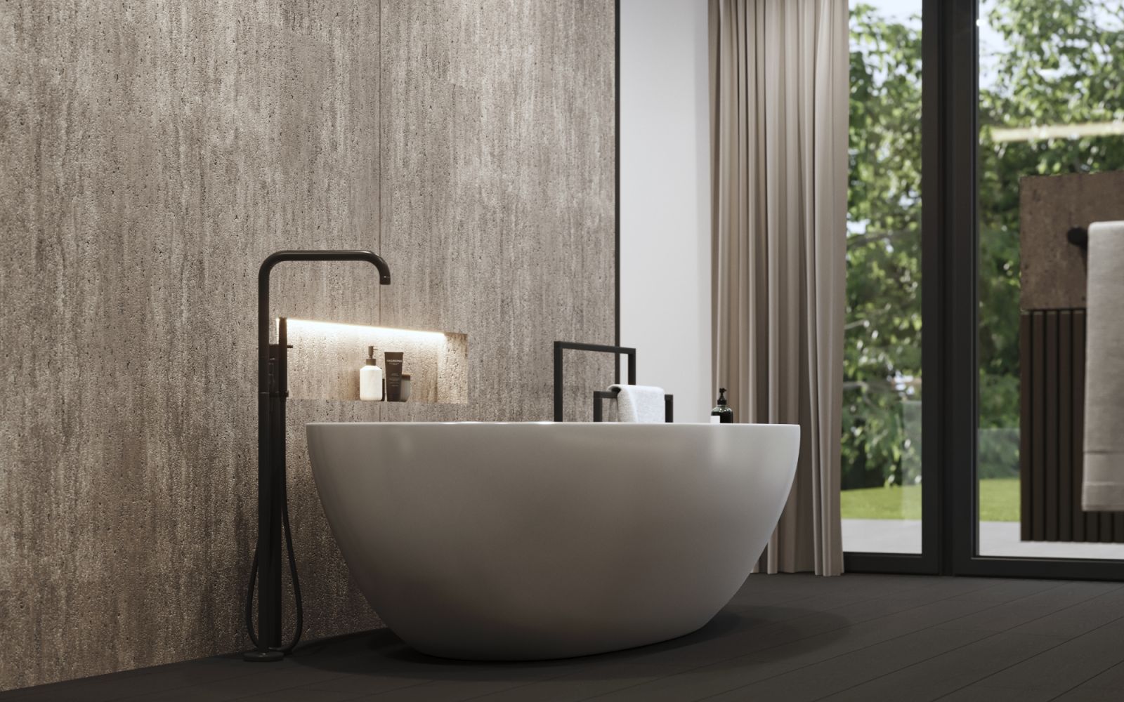 Residential 3D rendering of the Portmann bathroom furniture, modern, classic, neat and neutral colors