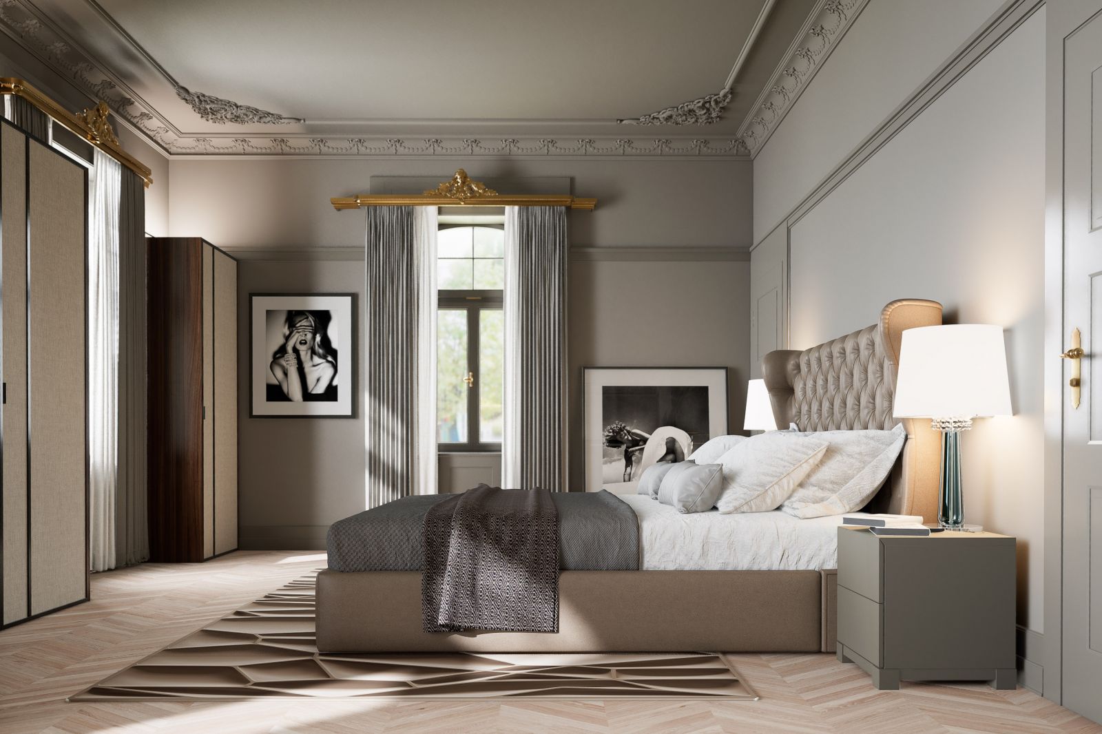 Residential 3D rendering of the Seeschlossli modern and classic bedroom, with wooden floors, ceiling decorations and lots of natural light