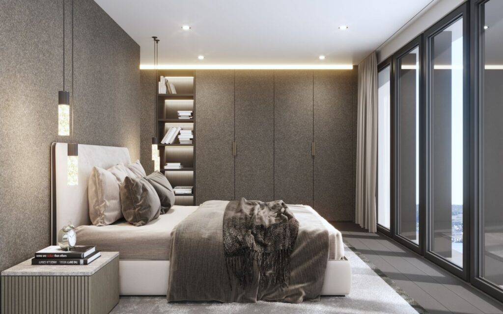 Residential 3D rendering of the Portmann bedroom with a very marked modern style, gray tones throughout the space and natural light