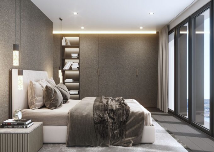 Residential 3D rendering of the Portmann bedroom with a very marked modern style, gray tones throughout the space and natural light