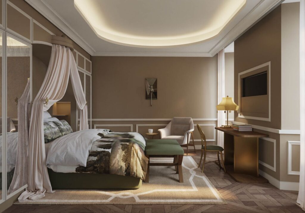 Residential 3D rendering of the Hotel classic-style bedroom with canopy curtains over the bed, neutral tones in the furniture, and natural light