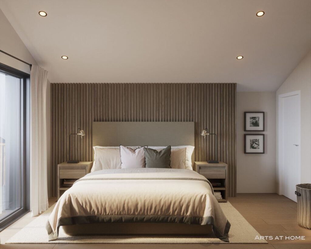 Residential 3D rendering of the Multifamily modern and minimalist bedroom, with a wooden wall and natural light