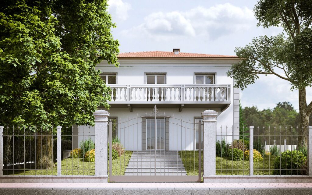 Residential 3D rendering of the Family Home – Scaini classic with a warm entrance, white facade and a large balcony