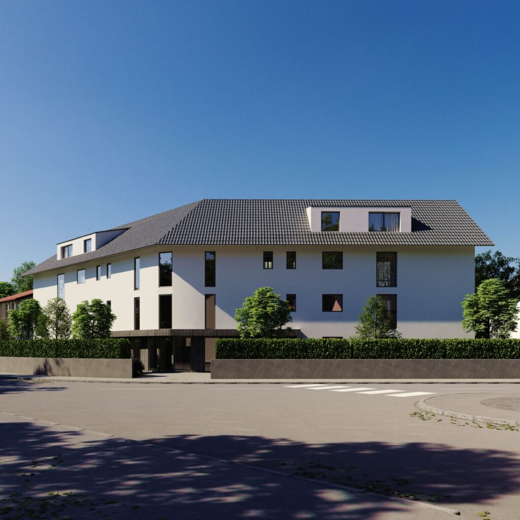 Residential 3D rendering of the New construction clean and tidy facade, with white walls and grey tiles on the roof