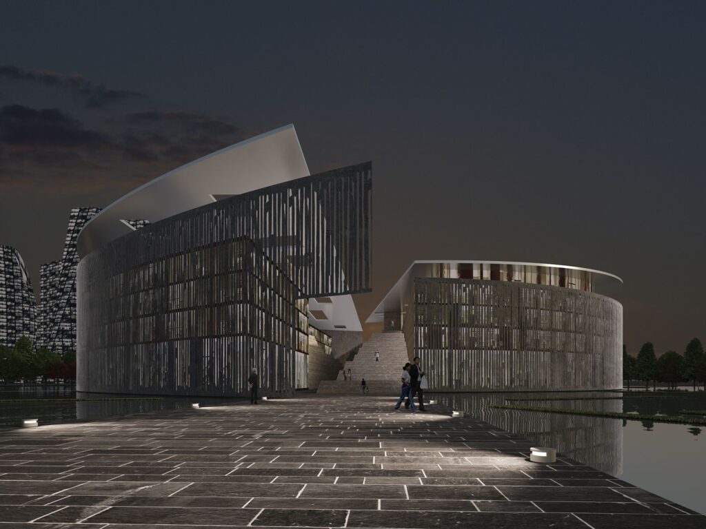 Residential 3D rendering of the New Meishan Housing Area – Contest modern metal exterior with very good night lighting