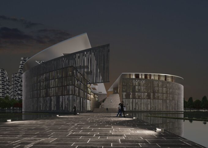 Residential 3D rendering of the New Meishan Housing Area – Contest modern metal exterior with very good night lighting