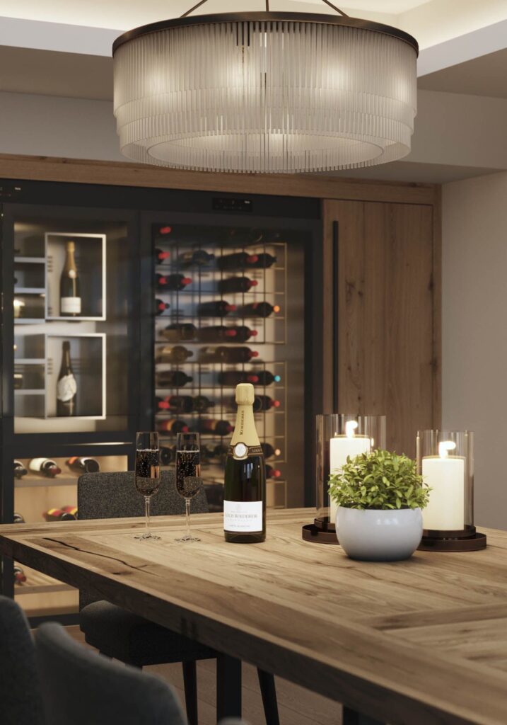 Residential 3D rendering of the Hotel apartment room with storage space for wine, wooden furniture and an original ceiling lamp