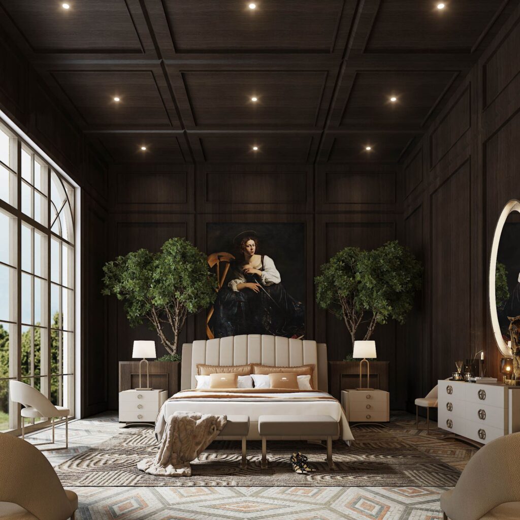 Residential 3D rendering of the Catalogue 2024 luxurious bedroom with high ceiling, decorative plants, wooden walls, and light neutral-colored furniture