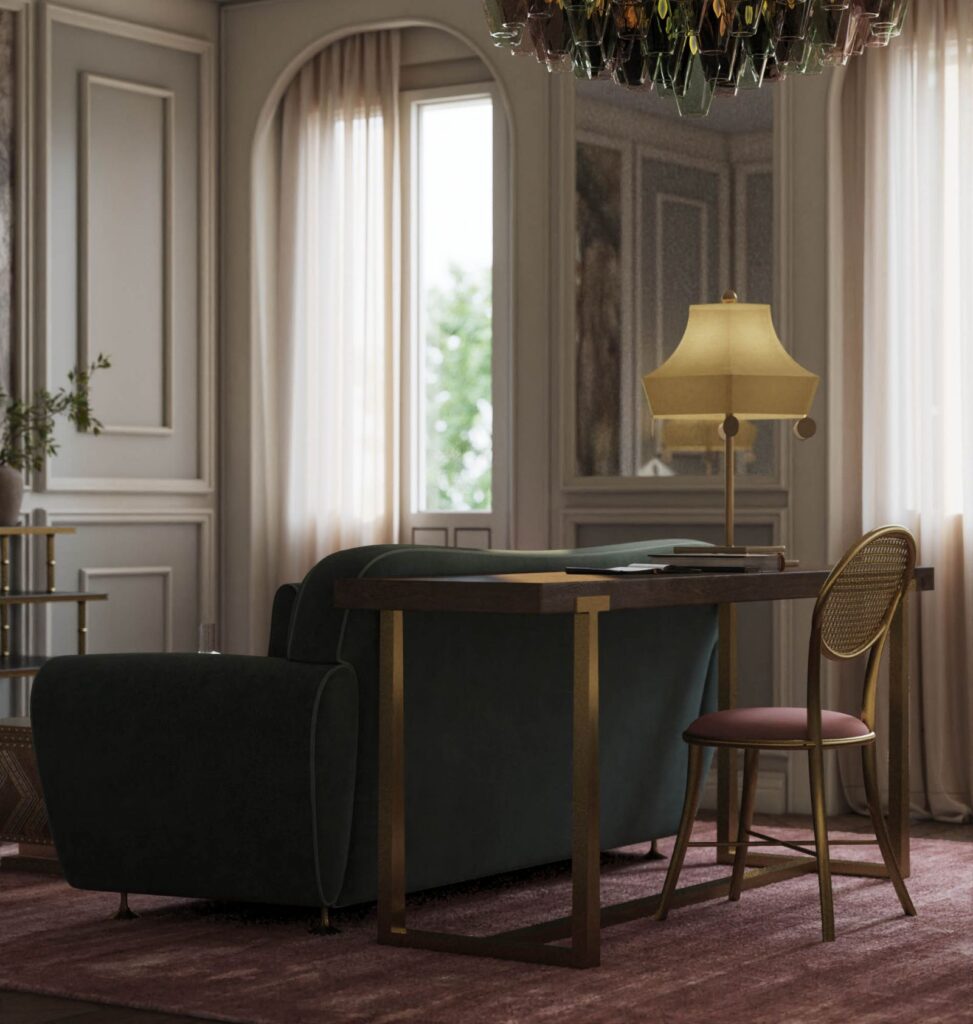 Residential 3D rendering of the Hotel wooden desk of different colors and green armchair that are illuminated with natural light