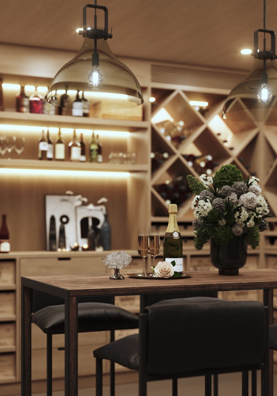 Residential 3D rendering of the Winecellar designed with glass ceiling lamps with a gray hue, a dark wooden table and black chairs that accompany it