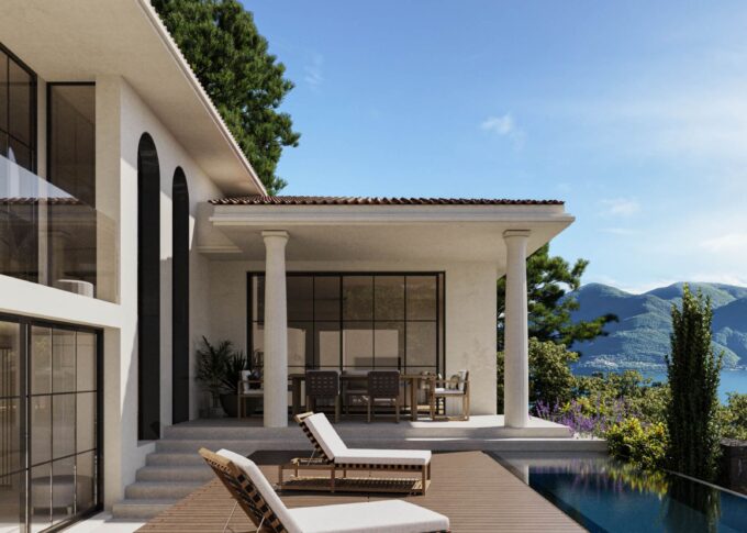 Residential 3D rendering of the Staub interior patio, with a pool, semi-covered spaces and a pool