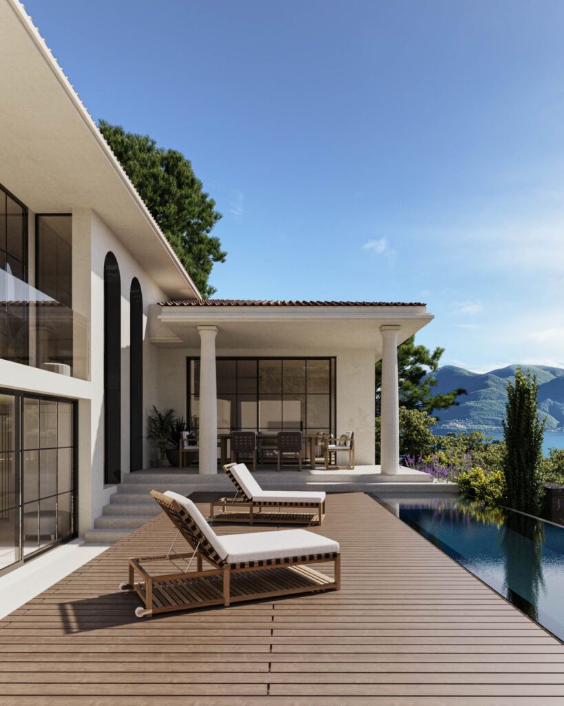 Residential 3D rendering of the Staub interior patio, with a pool, semi-covered spaces and a pool