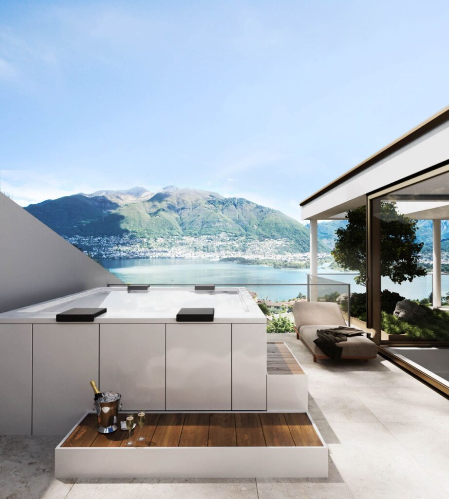 Residential 3D rendering of the Habitat balcony with jacuzzi and a wonderful view