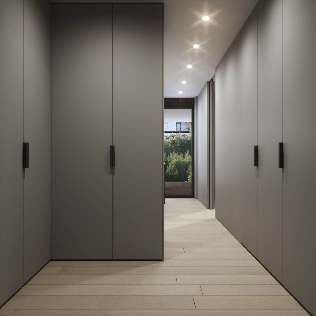 Residential 3D rendering of the Burghaldenstrasse hallway with plenty of storage space in gray closets