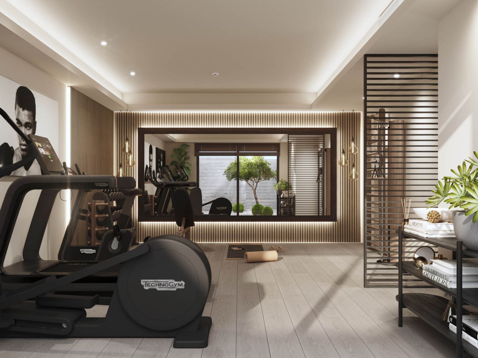 Residential 3D rendering of the Hotel apartment modern gym, with wooden floors, metal decorations, and very good lighting
