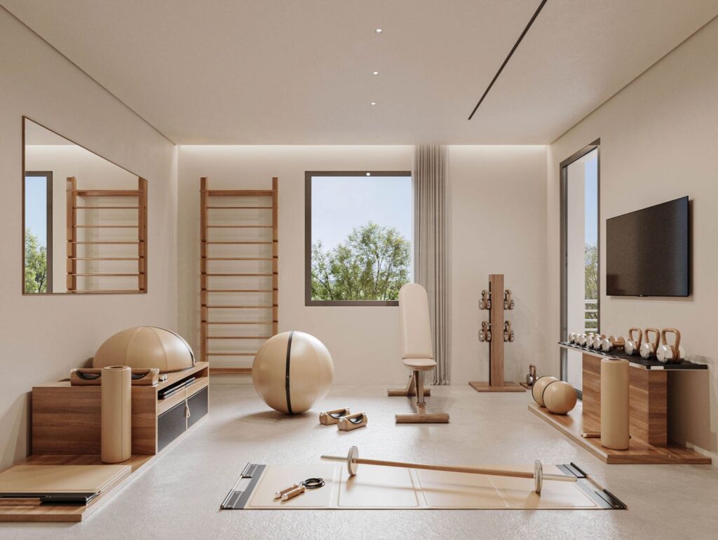 Residential 3D rendering of the Private house modern gym, with wooden furniture and natural light