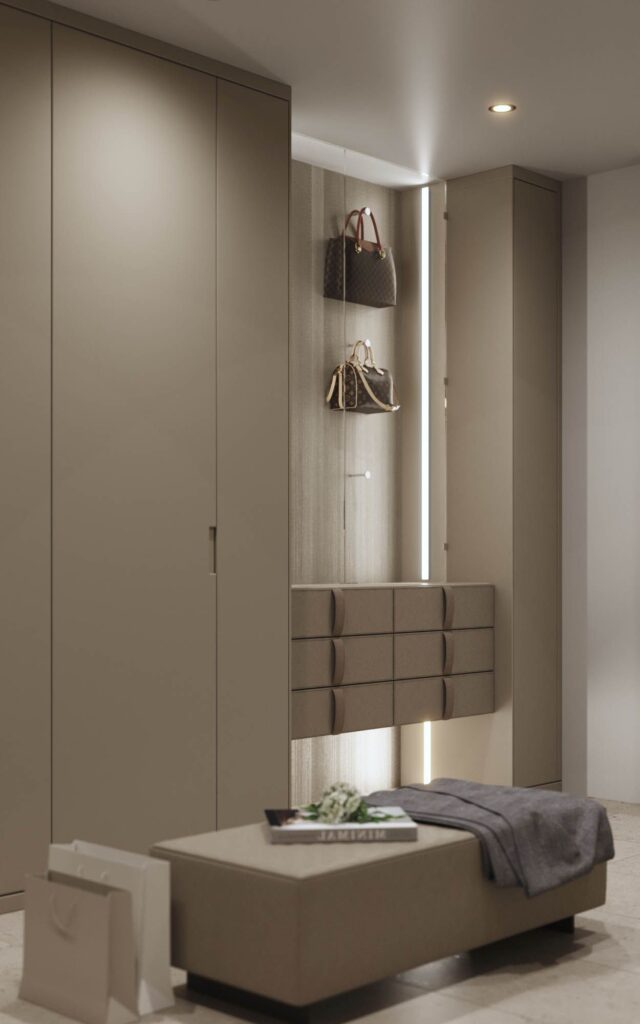 Residential 3D rendering of the Deck hallway in the dressing room, with warm light, neutral tones and plenty of storage space
