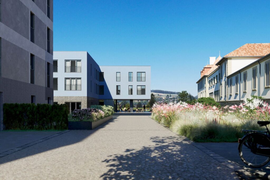 Residential 3D rendering of the Quartier Saint Michel interior path between modern buildings with gray facades
