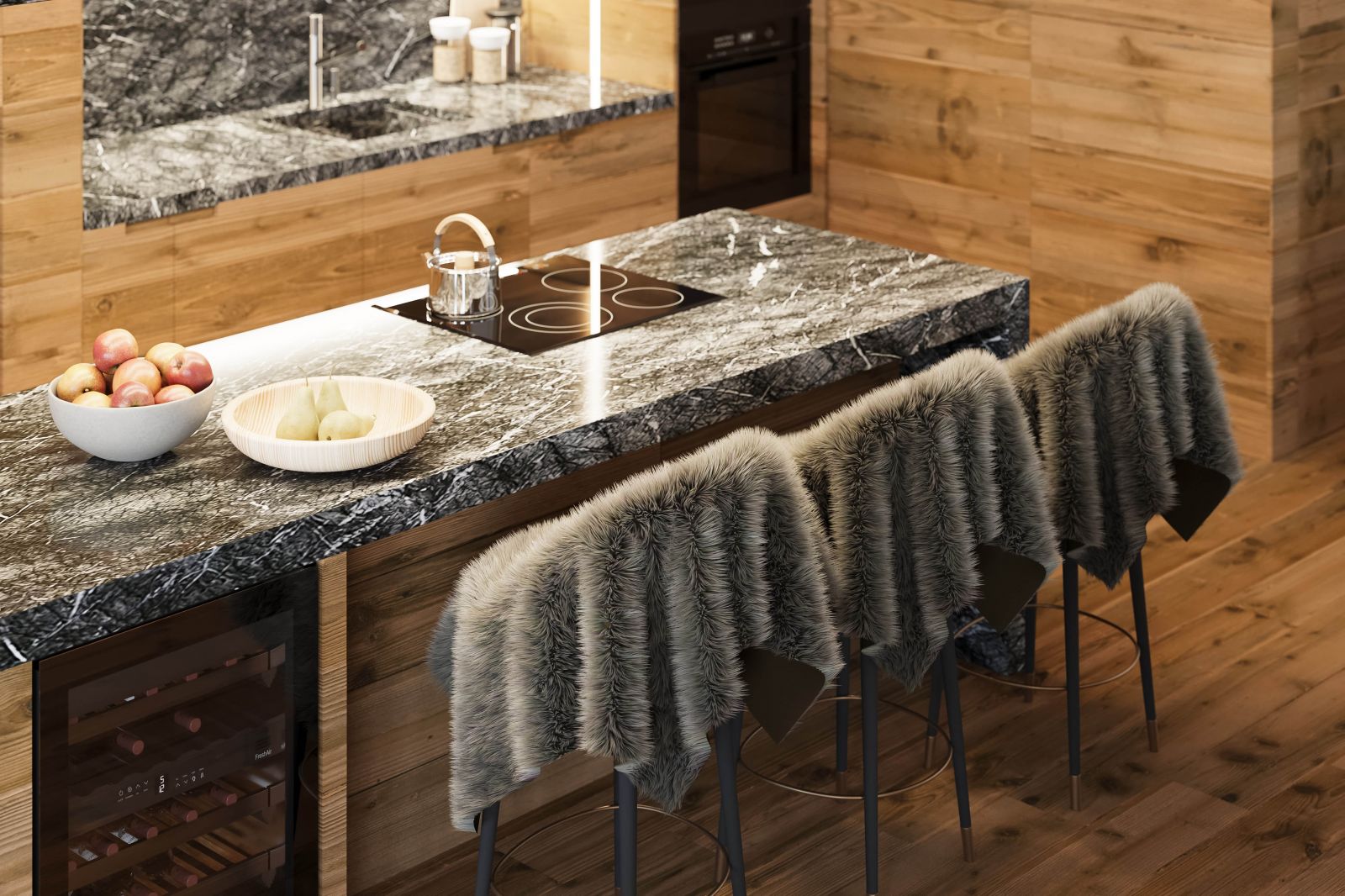 Wohn-3D-Rendering der schwarzen Marmorarbeitsplatte des Mountain House, die in der Küche durch ihren Kontrast zum rustikalen Stil dieser Küche hervorsticht