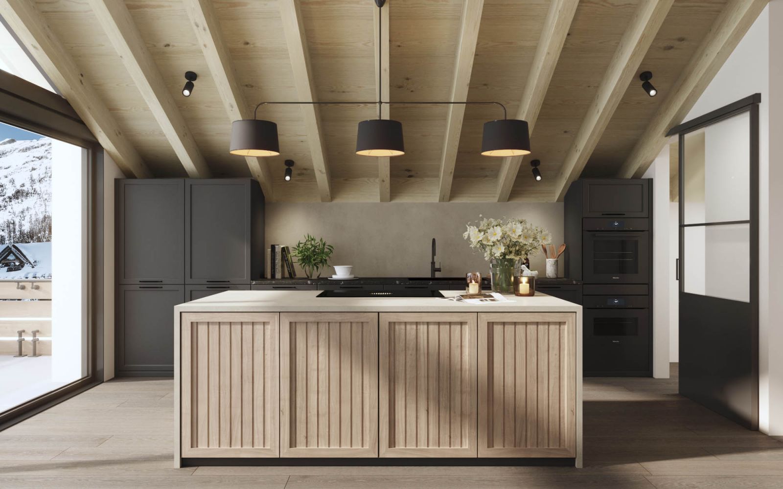 Residential 3D rendering of the Hotel apartment kitchen with a rustic and industrial style, with wooden and black metal furniture