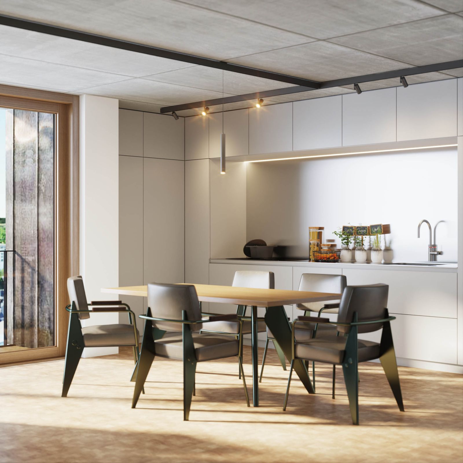 Residential 3D rendering of the Limpertsberg modern kitchen with lots of natural light, original furniture and wooden floors