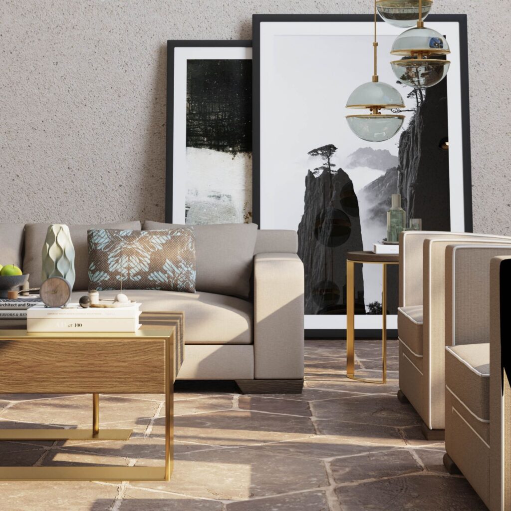 Residential 3D rendering of the Catalogue 2024 modern living room with natural light, wooden furniture and armchairs with gray upholstery, as well as colorful decorations.