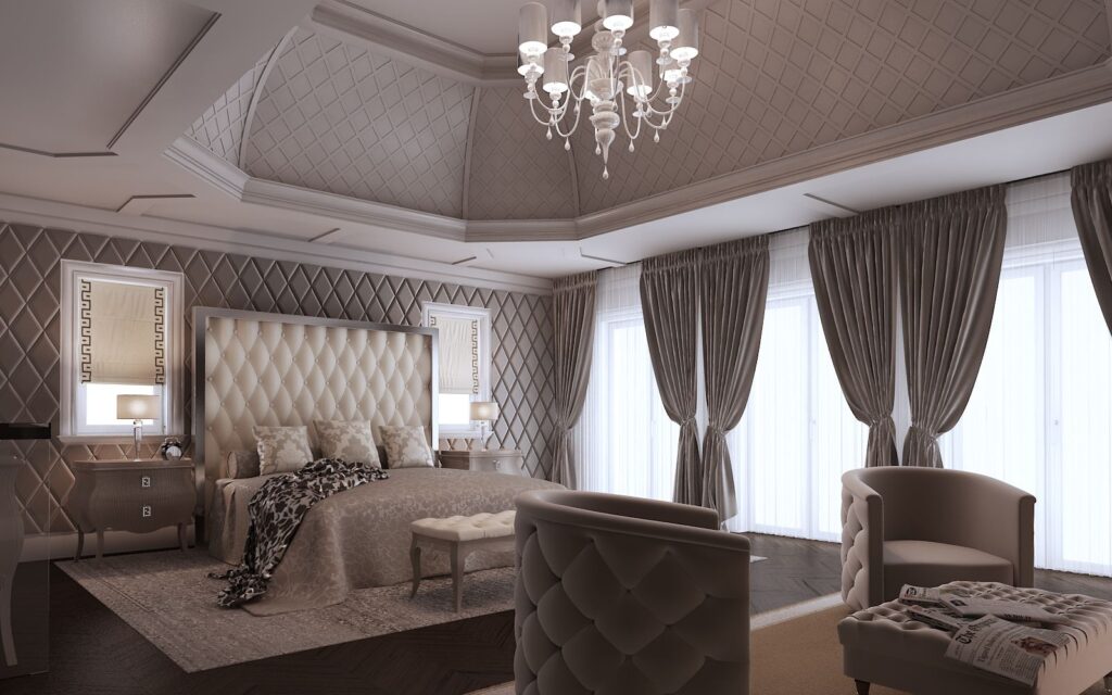 Residential 3D rendering of the Family Home - Cove Lane luxury bedroom designed with textured high ceilings