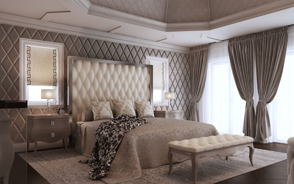 Residential 3D rendering of the Family Home - Cove Lane luxury bedroom with textured walls, large windows and wooden floor