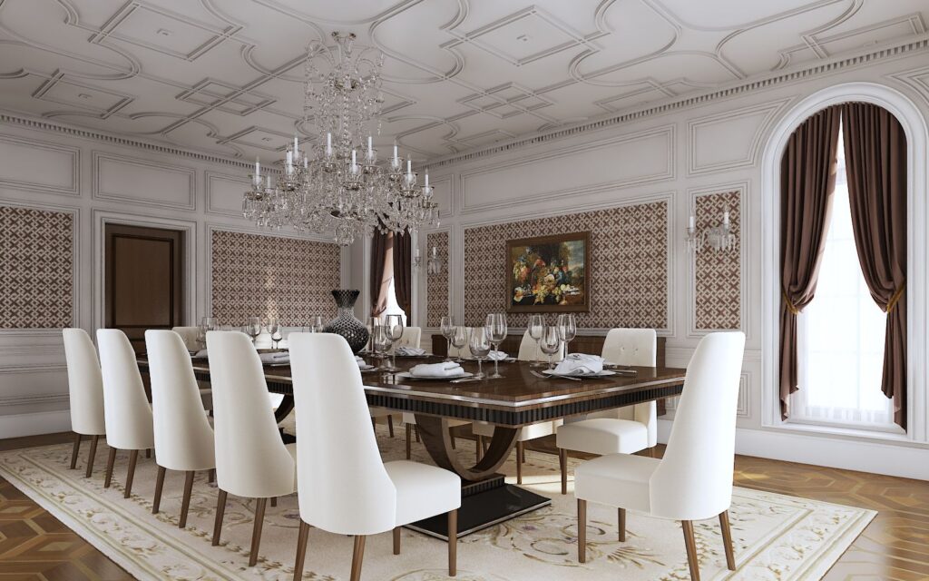 Residential 3D rendering of the Family Home - Cove Lane luxury dining room with a chandelier in the center of the room
