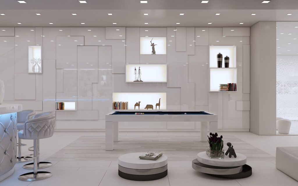 Wohn-3D-Rendering des Familienhauses – luxuriöser Unterhaltungsbereich in Cove Lane mit weißen Paneelen an den Wänden und einem Billardtisch