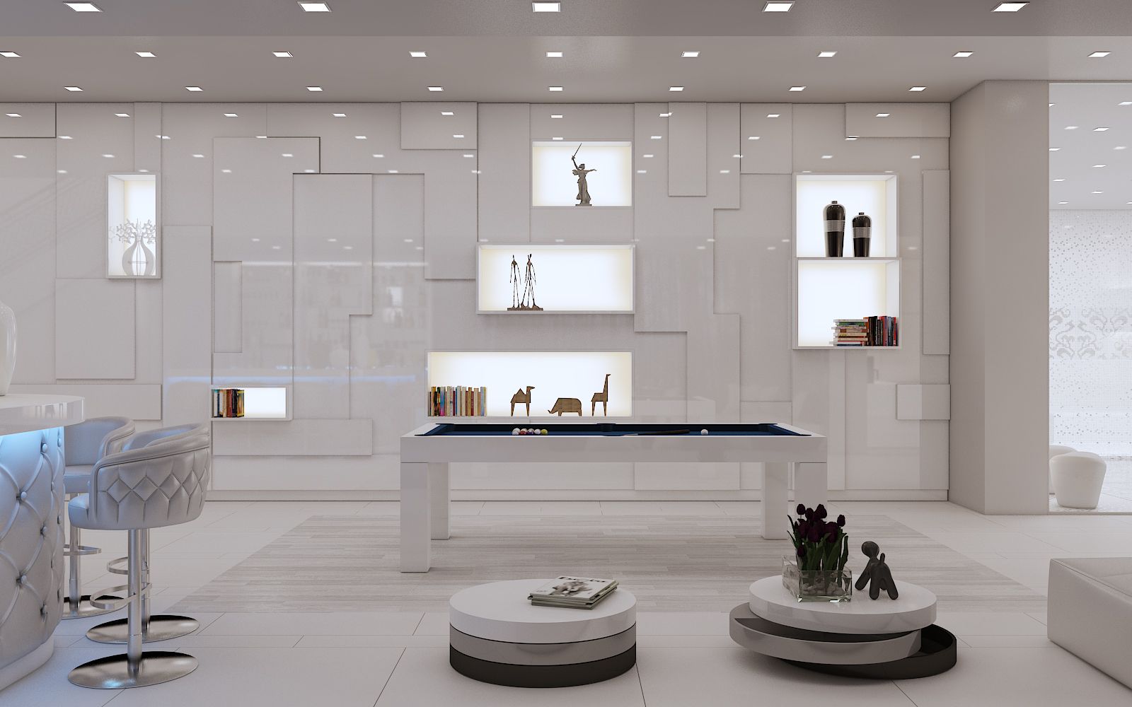 Residential 3D rendering of the Family Home - Cove Lane luxury entertainment area with white panels on the walls and a pool table