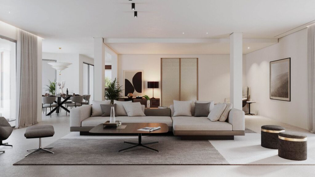 Residential 3D rendering of the Private house living room with a minimalist style, open concept, and warm color tones in the furniture