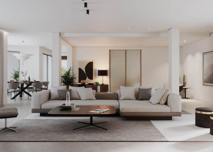 Residential 3D rendering of the Private house living room with a minimalist style, open concept, and warm color tones in the furniture