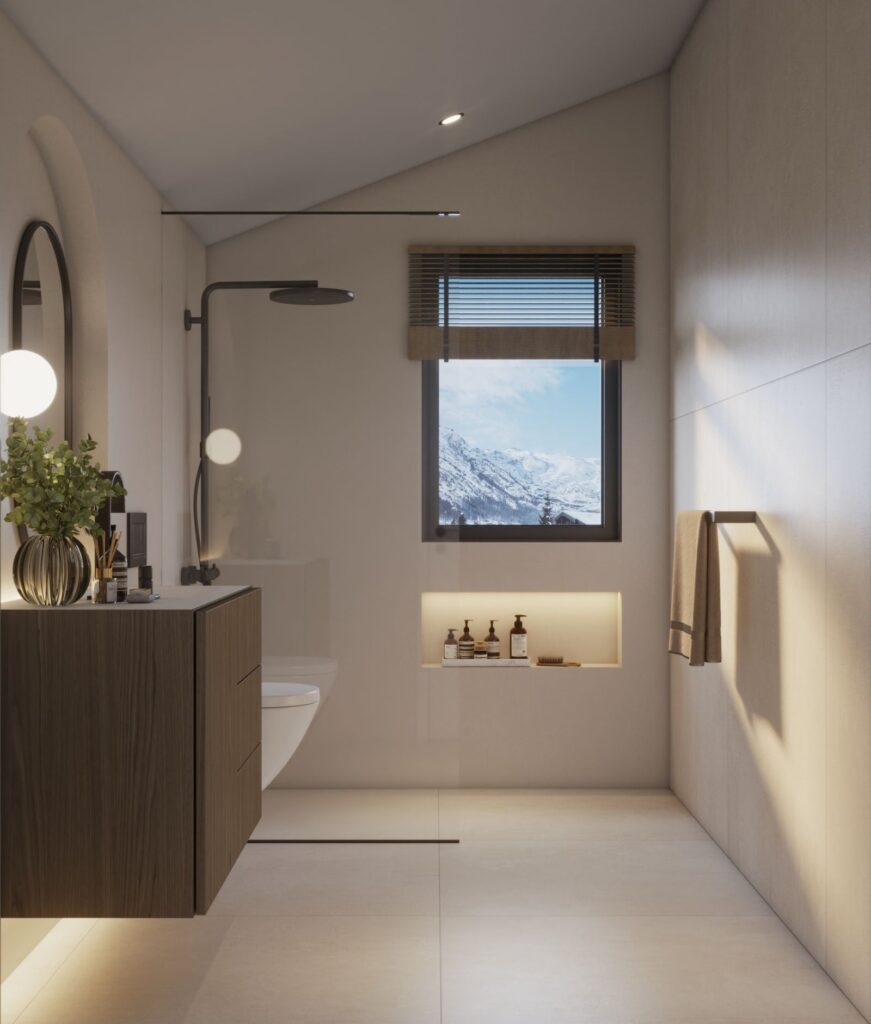 Residential 3D rendering of the Multifamily modern bathroom with light tones on the walls, a glass screen and wooden furniture