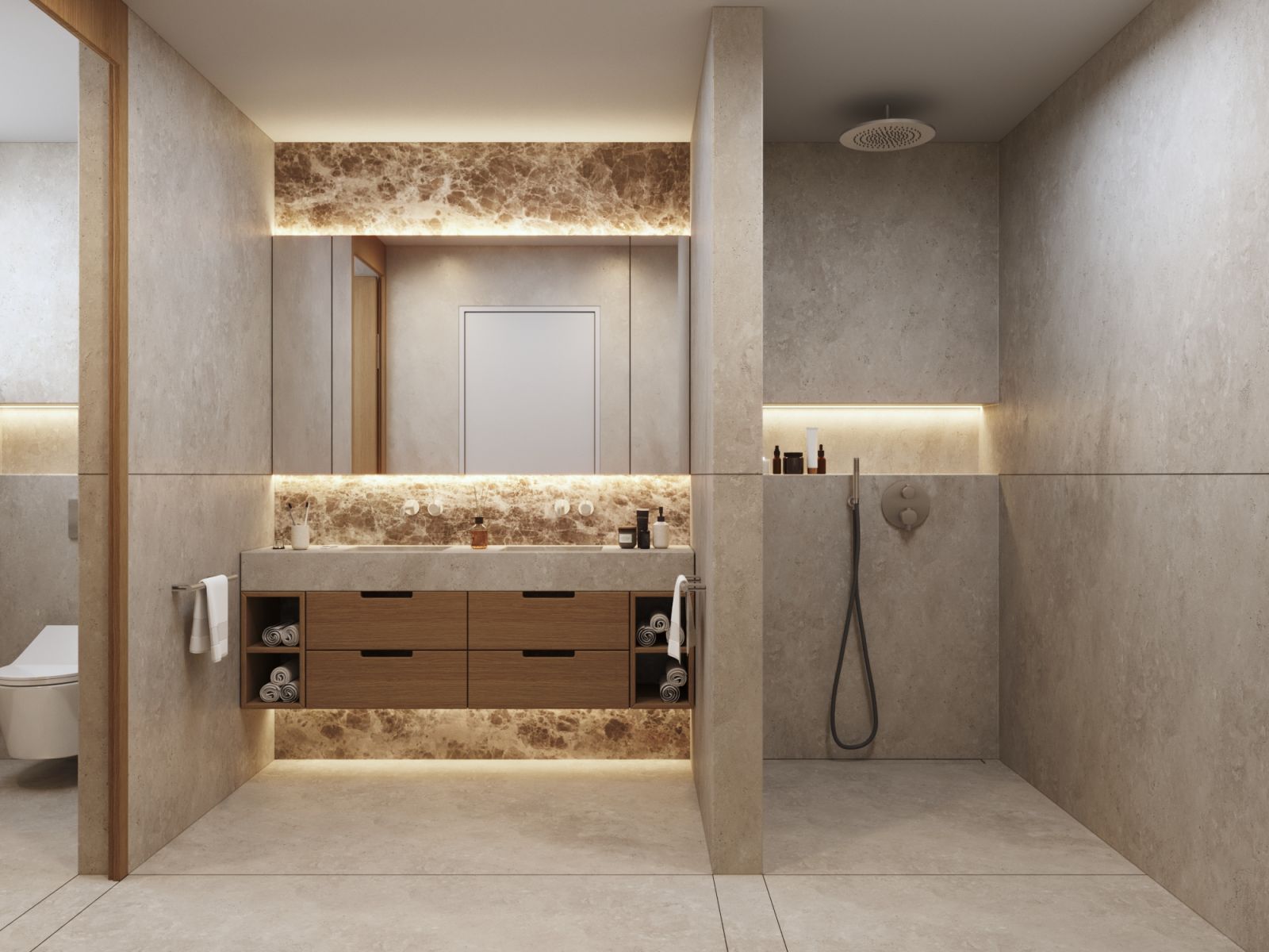 Residential 3D rendering of the Feusisberg modern bathroom, with warm lighting, exposed concrete walls and a large illuminated mirror