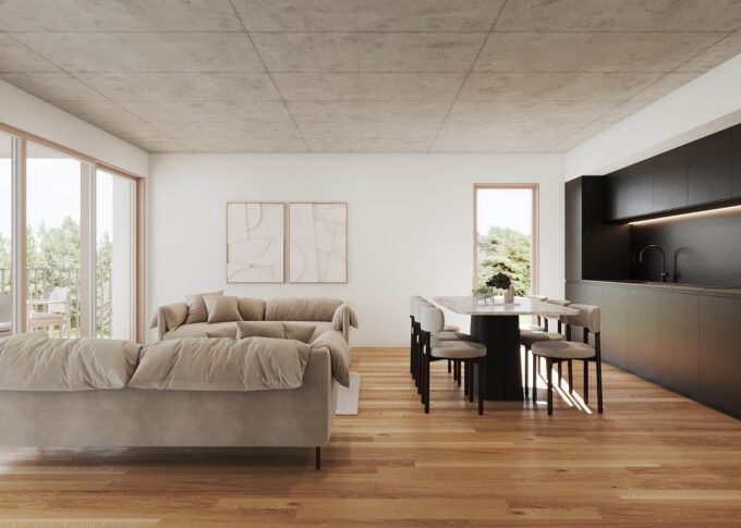 Residential 3D rendering of the Sasselli open-concept kitchen, dining room, and living room with minimalist style and black furniture