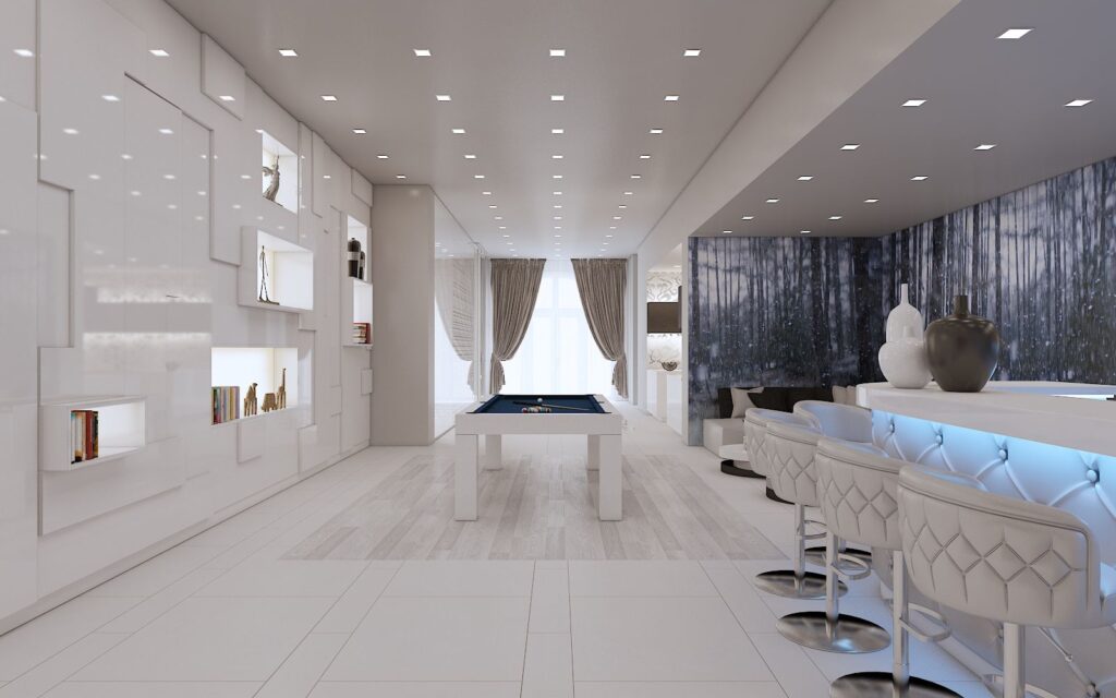 3D-Wohn-Rendering des Familienhauses – luxuriöser Unterhaltungsbereich Cove Lane mit Bar und Billardtisch