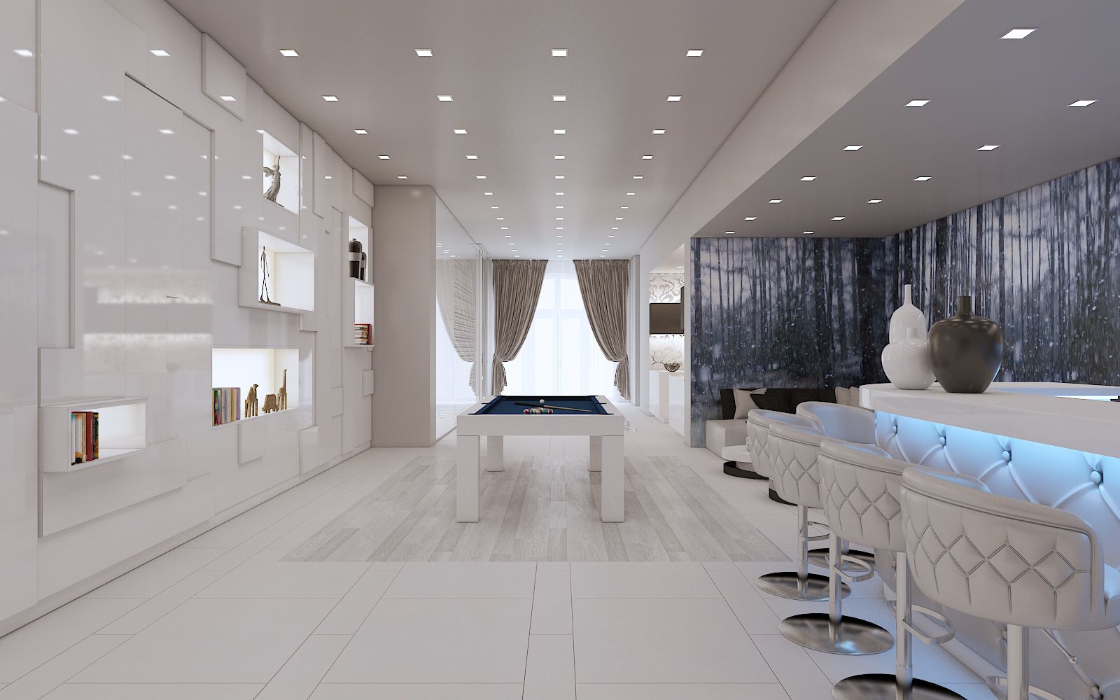 Residential 3D rendering of the Family Home - Cove Lane luxury entertainment area with a bar and a pool table