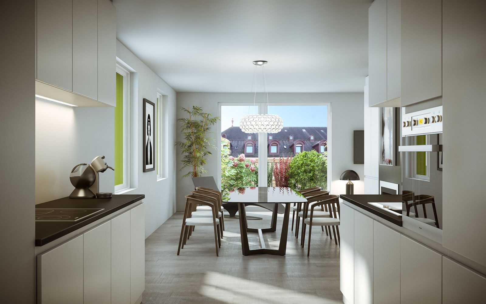 Residential 3D rendering of the interior at the Housing - La Chaux de Fonds with large windows and minimalist style kitchen