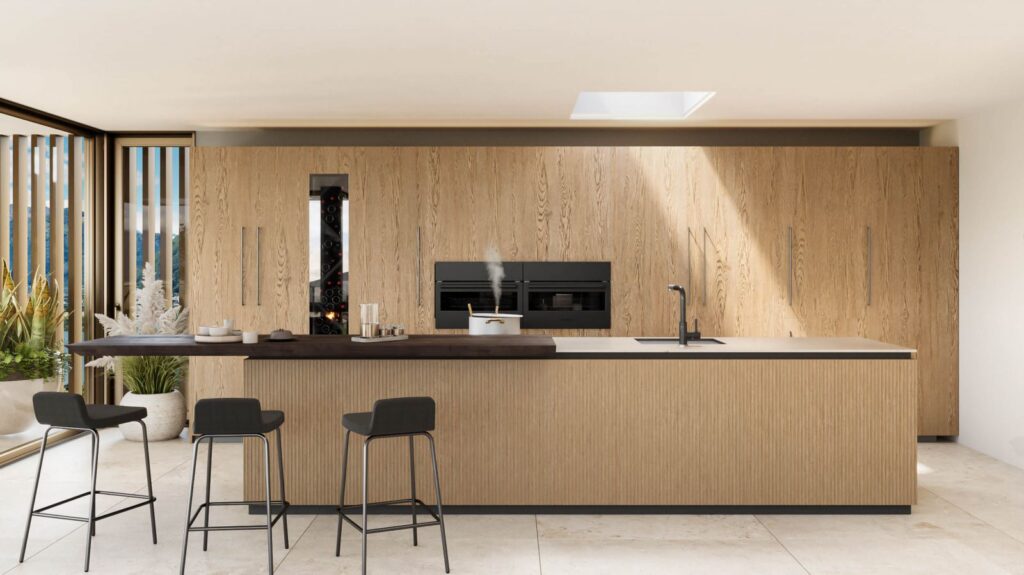 Residential 3D rendering of the Habitat modern kitchen with lots of natural light and wooden furniture