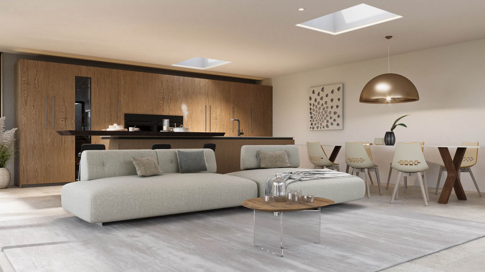 Residential 3D rendering of the Habitat kitchen, living room and dining room with open concept and lots of natural light