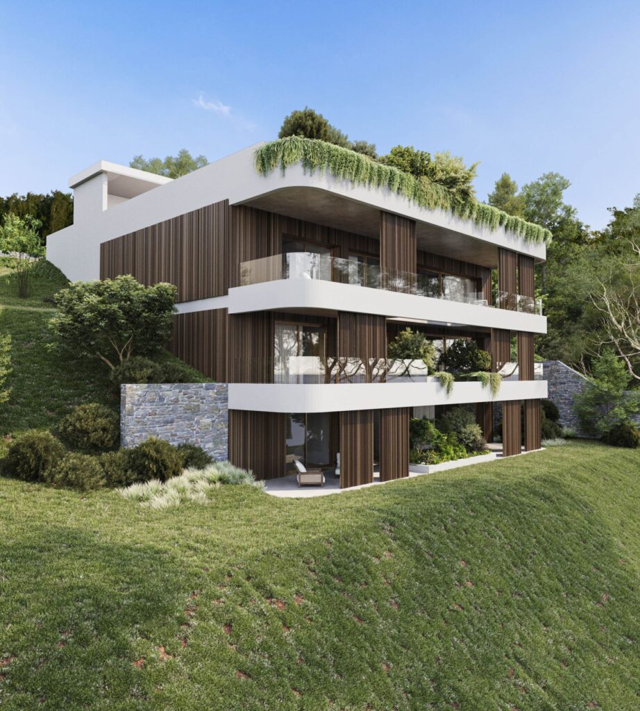 Wohn-3D-Rendering des Mehrfamilienhauses mit einer Fassade aus natürlichen Materialien zur besseren Integration in die Umgebung